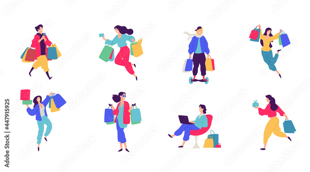 Cheerful shoppers characters illustration. Happy people with purchases. Buyers with goods and packages. Each hero is isolated on a white background. Discounts and Black Friday for consumers.