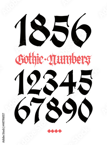 Gothic figures. Beautiful and stylish calligraphy. Elegant European typeface for tattoo. Medieval modern style. Black symbols and numbers are saved separately on a white background.