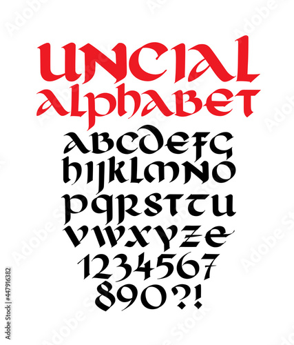 Roman uncial font. Letters and numbers in the Gothic style. Calligraphy for inscriptions. Font for tattoo, personal and commercial purposes. Font for packaging and clothing. photo