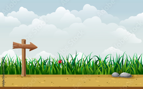 seamless nature landscape with wooden guidepost. endless parallax game background with signpost in grass, ground, stones, road and blue sky. cartoon countryside illustration. summer horizontal scene
