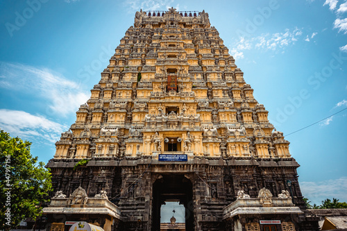 Entrance tower ( Gopuram) of Ekambareswarar Temple, Earth Linga Kanchipuram, Tamil Nadu, South India - Religion and Worship scenario image. The Famous Hindu God Temple, Indias Best Tourism Place photo