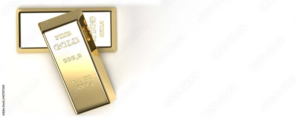 Banking, business and investment concept: 3d render pure Gold bars on blank white background with large copy space. Two blocks in 1000 gr and 999,9 ingots. Treasure objects for wealth and saving money Banking, business and investment concept: 3d render pure Gold bars on blank white background with large copy space. Two blocks in 1000 gr and 999,9 ingots. Treasure objects for wealth and saving money