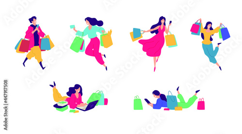 Cheerful shoppers characters illustration. Vector. Happy people with purchases. Buyers with goods and packages. Each hero is isolated on a white background. Discounts and Black Friday for consumers.