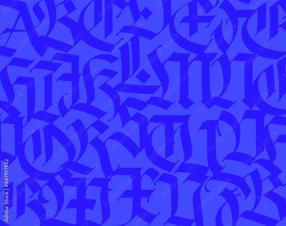 Font pattern, medieval gothic. Vector. European modern gothic. Blue letters on a light blue background. All letters are handwritten with a pen. Capital letters. Ornament for packaging and clothing. Font pattern, medieval gothic. Vector. European modern gothic. Blue letters on a light blue background. All letters are handwritten with a pen. Capital letters. Ornament for packaging and clothing.