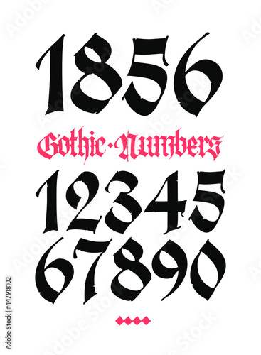 Gothic figures. Vector. Beautiful and stylish calligraphy. Elegant European typeface for tattoo. Medieval modern style. Black symbols and numbers are saved separately on a white background.