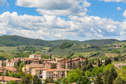 View of an Italian landscape with rolling hills from a city
