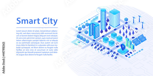 Smart city concept as 3d isometric vector illustration. Connected devices and buildings powered by renewable energy as wide web banner layout.