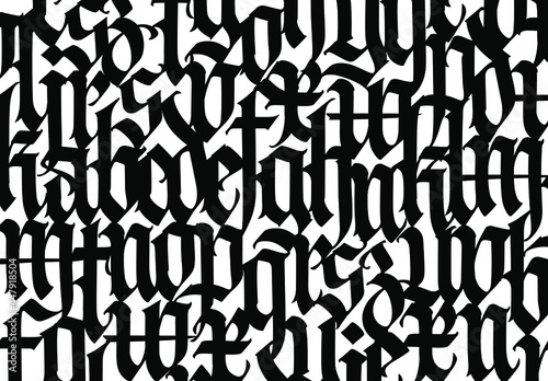 Medieval Gothic pattern. Vector. European modern gothic. Black letters on a white background. All letters are handwritten with a pen. Lower case. Ornament for packaging and clothing.