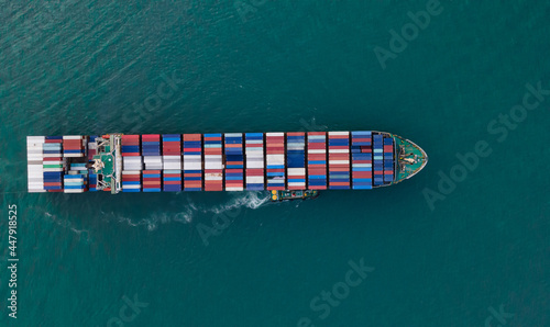 Aerial view Logistics and transportation of Container Cargo ship and Cargo import export and business logistics