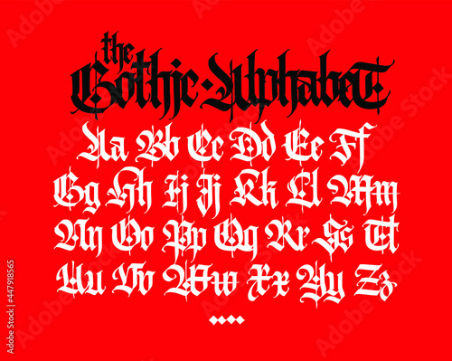 Gothic. Vector. Uppercase and lowercase letters on a red background. Beautiful and stylish calligraphy. Elegant European typeface for tattoo and design. Medieval Germanic modern style.