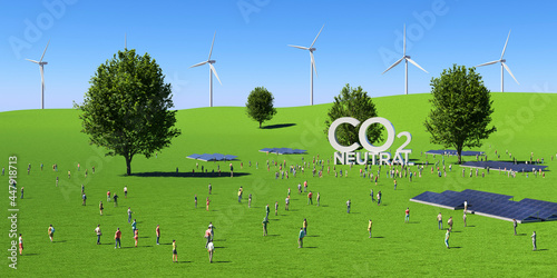 爽やかな草原に建つ立体的なシンボルと群衆の3Dレンダリンググラフィックス / 脱炭素社会・カーボンニュートラル・再生可能エネルギー・サステナブルのコンセプトイメージ photo