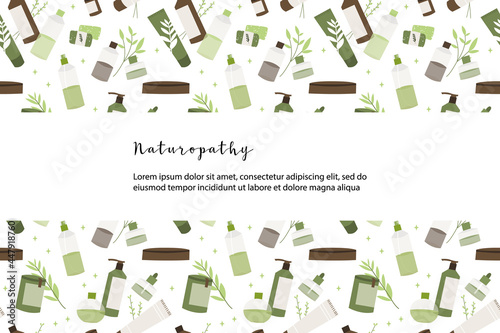 Label with apothecary bottles and leaves. Natural organic herb. Homeopathy, naturopathy. Complementary, alternative, integrative, holistic medicine. Vector flat cartoon illustration