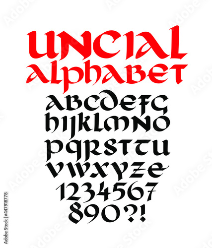 Roman uncial font. Vector. Letters and numbers in the Gothic style. Calligraphy for inscriptions. Font for tattoo, personal and commercial purposes. Font for packaging and clothing. photo