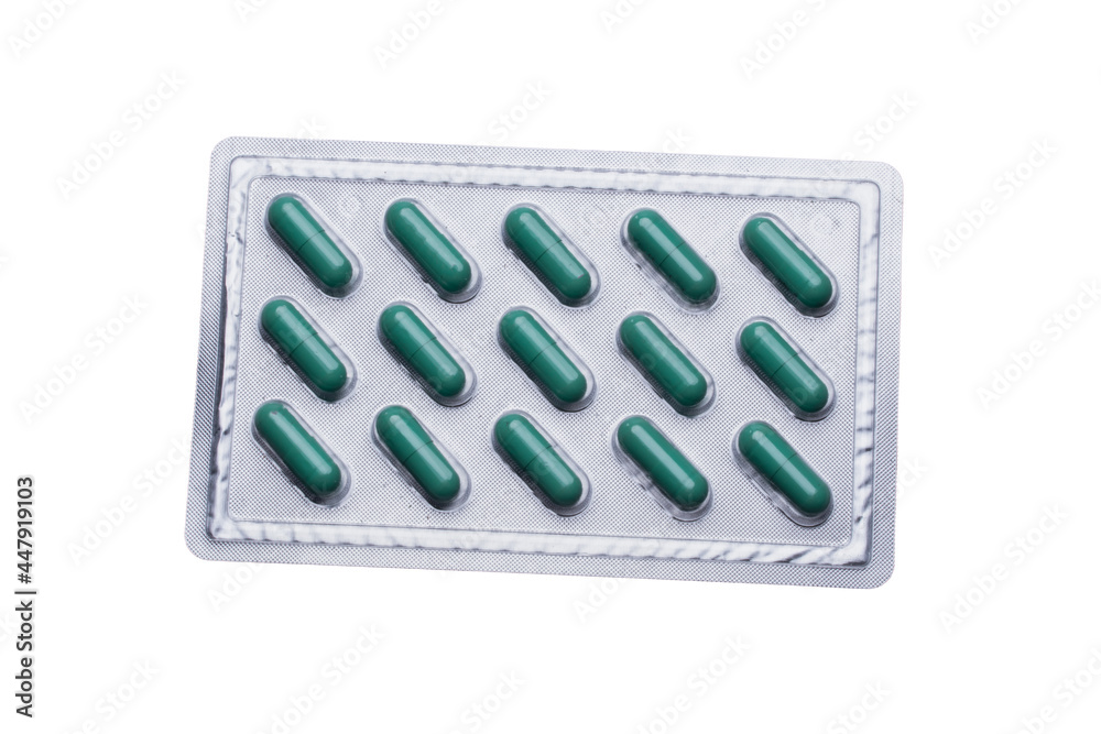 blue and blue paniculata capsule pills on white background blue and blue paniculata capsule pills on white background