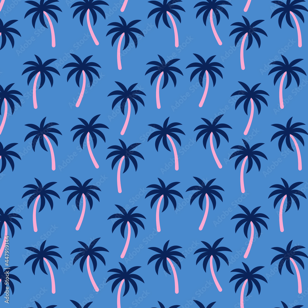 Palm trees on blue background. Summer wallpaper or fabric template. Vector seamless pattern
