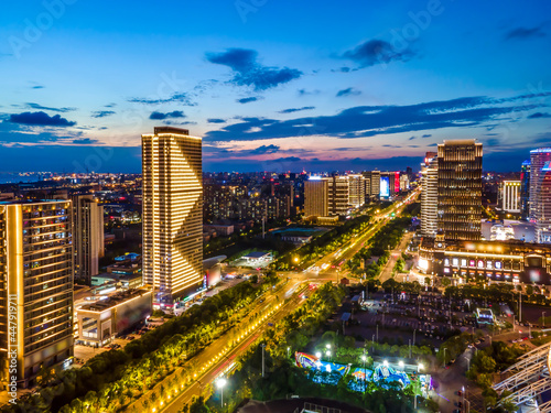 Aerial photography of the night view of Nantong Financial Center, Jiangsu