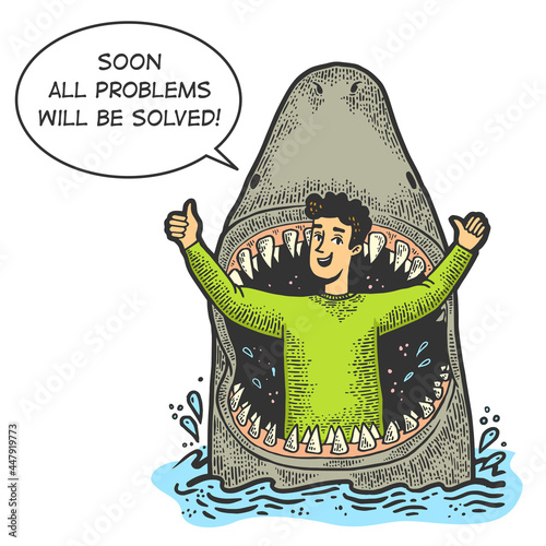 Big shark eat an optimistic person color sketch engraving vector illustration. T-shirt apparel print design. Scratch board style imitation. Black and white hand drawn image.