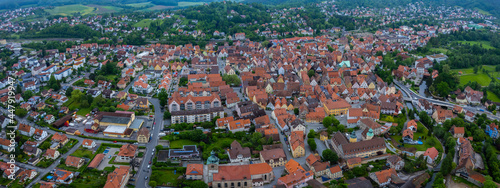 Aerial vie of the old town of the city Hersbruck in Germany on a cloudy day in spring