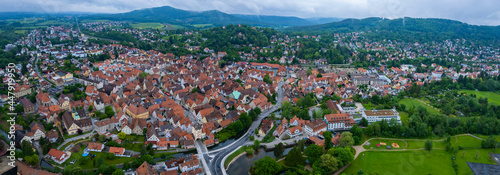 Aerial vie of the old town of the city Hersbruck in Germany on a cloudy day in spring