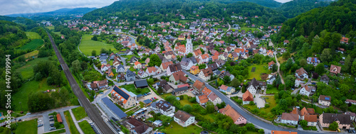 Aerial view of the  village Pommelsbrunn in Germany, Bavaria. on a cloudy day in spring photo