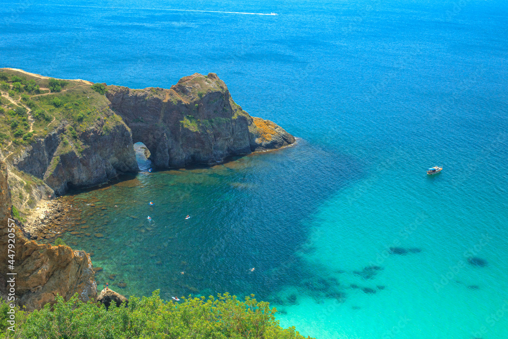 Blue sea, mountains, seascape, beach, blue lagoon. Crimea, Cape Phiolent