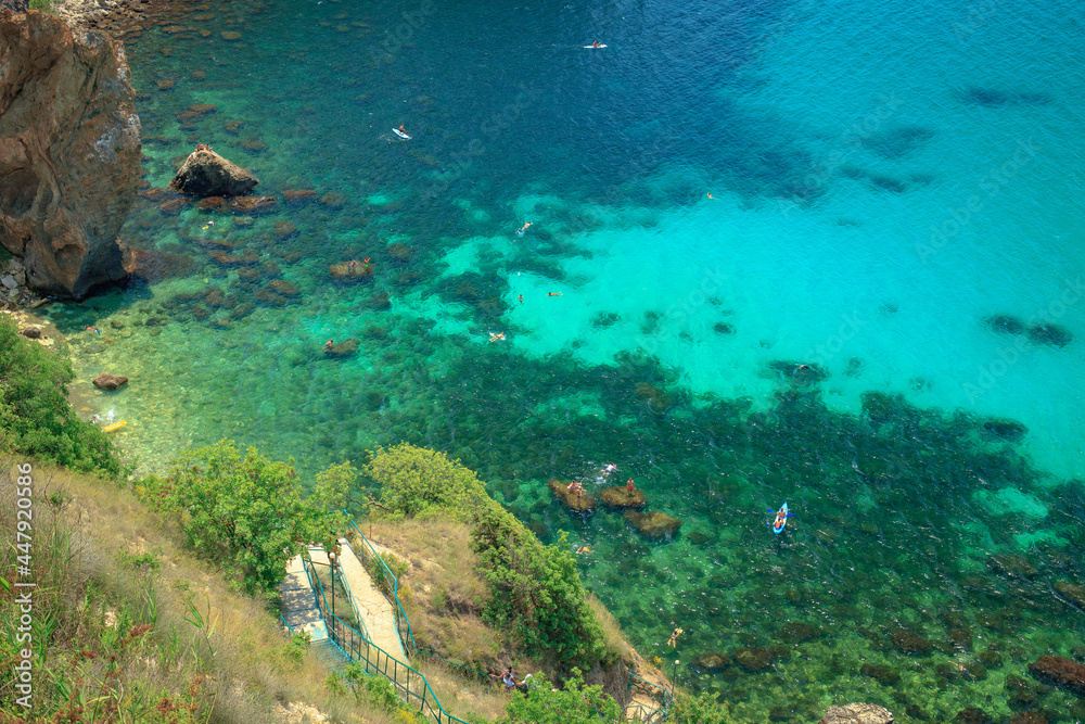 Fototapeta premium Blue sea, mountains, seascape, beach, blue lagoon. Crimea, Cape Phiolent