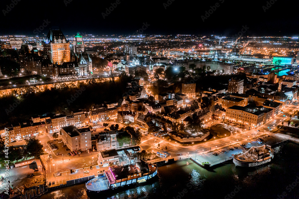 Aerial view of Quebec City skyline in Canada at night from drone