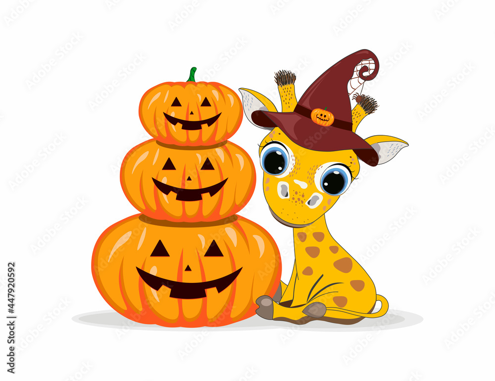 Cute Cartoon little giraffe with halloween witch hat and pumpkins. Perfect for greeting cards, party invitations, posters, stickers, pin, scrapbooking, icons. Cute Cartoon little giraffe with halloween witch hat and pumpkins. Perfect for greeting cards, party invitations, posters, stickers, pin, scrapbooking, icons.