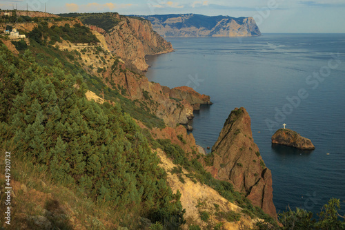Blue sea, mountains, seascape, beach, blue lagoon. Crimea, Cape Phiolent