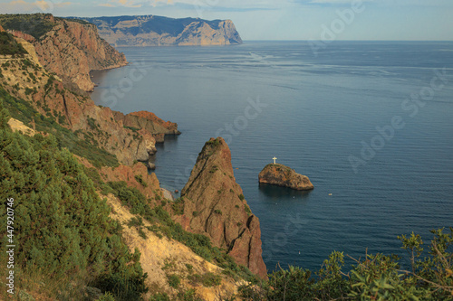 Blue sea, mountains, seascape, beach, blue lagoon. Crimea, Cape Phiolent