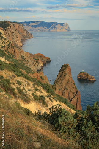 Blue sea, mountains, seascape, beach, blue lagoon. Crimea, Cape Phiolent