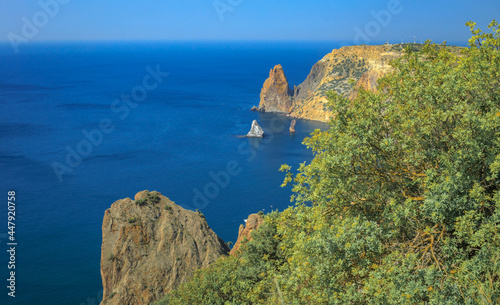 Blue sea, mountains, seascape, beach, blue lagoon. Crimea, Cape Phiolent