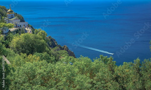 Blue sea, mountains, seascape, beach, blue lagoon. Crimea, Cape Phiolent