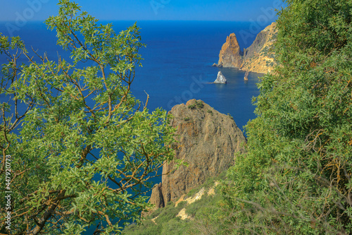 Blue sea, mountains, seascape, beach, blue lagoon. Crimea, Cape Phiolent