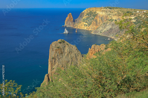 Blue sea, mountains, seascape, beach, blue lagoon. Crimea, Cape Phiolent