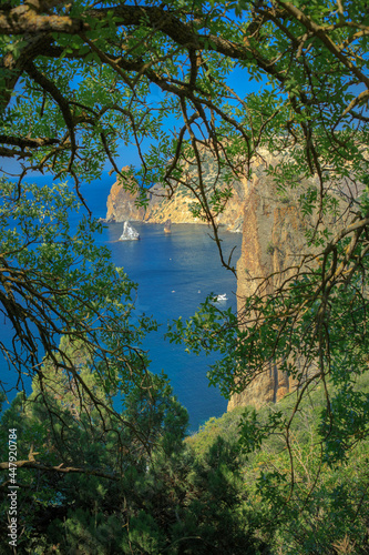 Blue sea, mountains, seascape, beach, blue lagoon. Crimea, Cape Phiolent