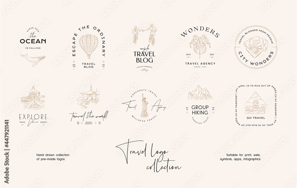 Hand drawn line art minimal travel vector logo design template collection. Illustration of elegant signs and badges for travel agency, photoraphers, travel bloggers.