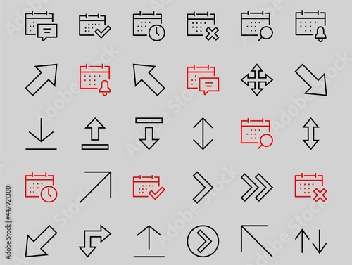 Set of line arrows, directions, arrows, contains icons such as pause, continuation, directly, to the right, Editable stroke. 480x480, On a white background, Vector illustration