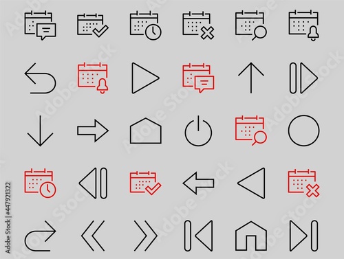 Set of line arrows, directions, arrows, contains icons such as pause, continuation, directly, to the right, Editable stroke. 480x480, On a white background, Vector illustration