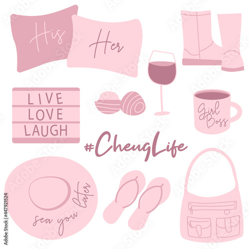 Set of cheugy stuff. Cheuglife elements. New trendy teens millennial quotes. New English words. Old-fashioned and untrendy stuff.
