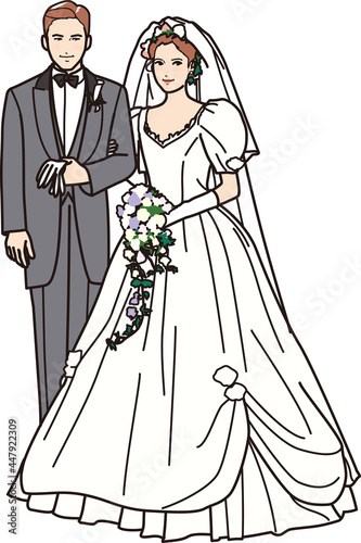 結婚式の新郎新婦　全身　パフスリーブ