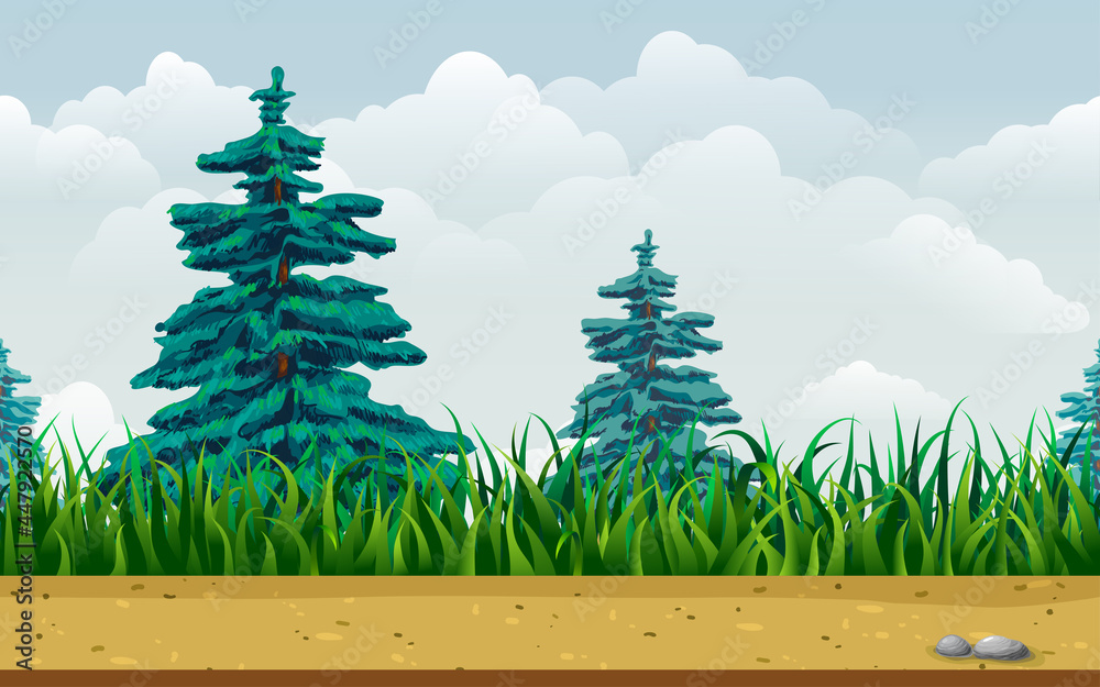 seamless forest landscape. endless parallax game background with fir trees,  grass, ground, stones, road and blue sky. cartoon woodland illustration.  sunny summer day horizontal scene for game design Stock Vector | Adobe