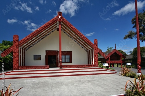 Tribal Meeting Hall of te Whakarewarewa living Maori village, Rotorua, New Zealand's North Island.