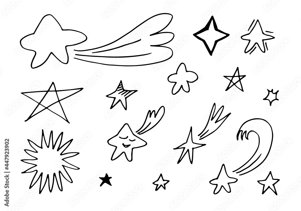 Obraz premium Hand drawn stars set. Star doodles collection on white background.