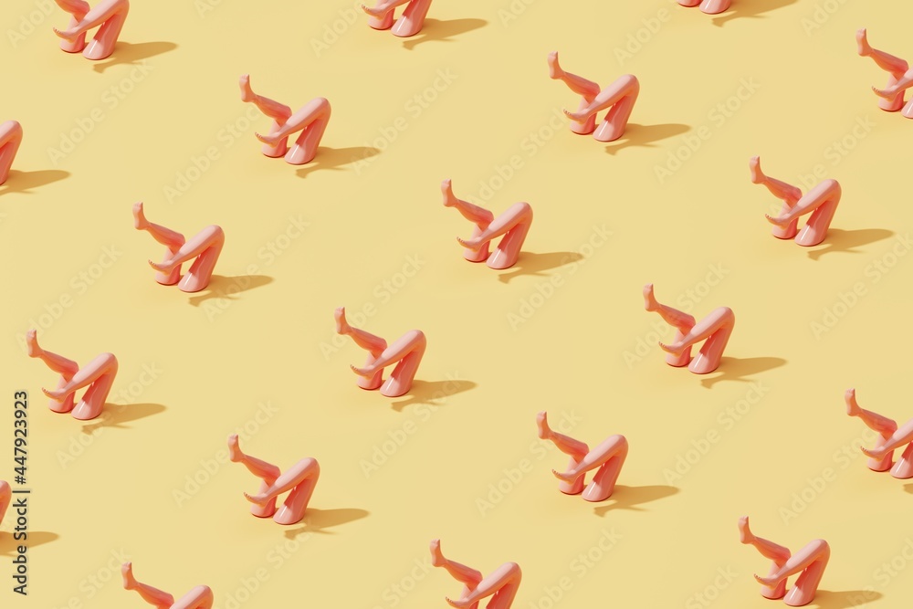 Mock-up of bent female legs making shadow, arranged in mesh pattern over yellow background. 3D illustration.
