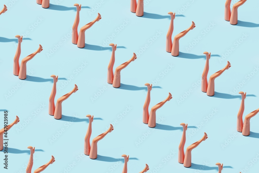 Rows of female legs sticking out from cyan ground and making shadow, arranged in mesh pattern. 3D illustration. Rows of female legs sticking out from cyan ground and making shadow, arranged in mesh pattern. 3D illustration.