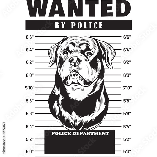 Mugshot of Rottweiler Dog holding banner behind bars
