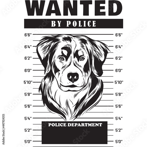 Mugshot of Bernese Mountain Dog holding banner behind bars
