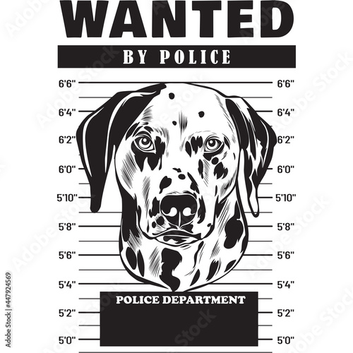 Mugshot of Dalmatian Dog holding banner behind bars
