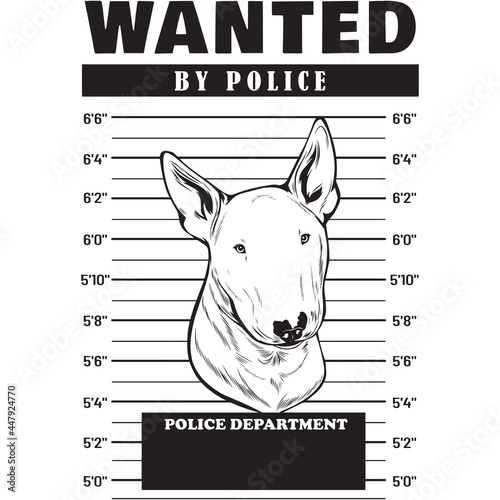 Mugshot of Bull Terrier Dog holding banner behind bars
